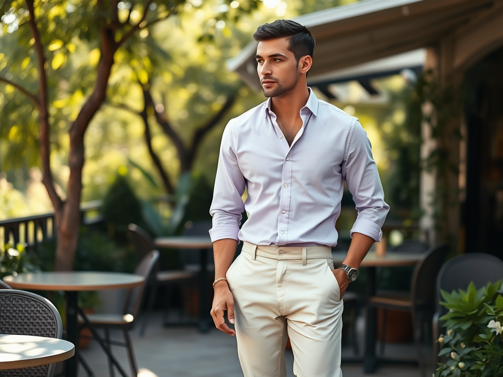 Un homme élégant en chemise lilas et pantalon clair, marchant dans un café en plein air, entouré de verdure.