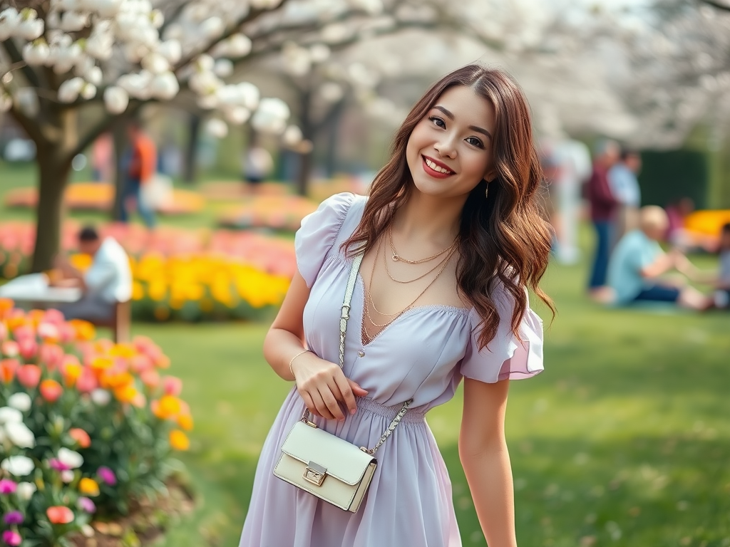 Une femme souriante en robe lilas se tient dans un jardin fleuri, avec des arbres en fleurs en arrière-plan.