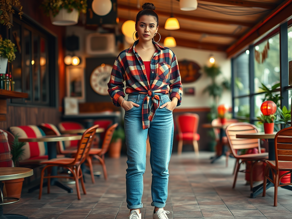 Une jeune femme se tient dans un café, portant une chemise à carreaux et un jean, avec une ambiance chaleureuse.