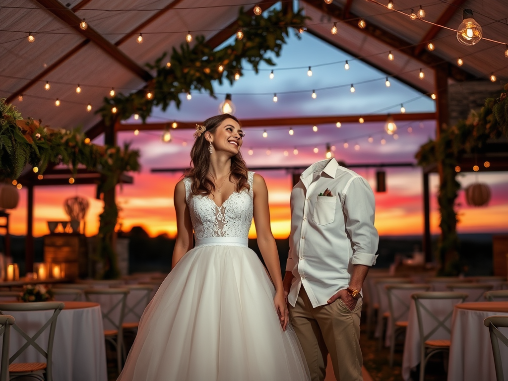 Un couple heureux dans un décor de mariage romantique, éclairé par des guirlandes lumineuses au coucher du soleil.