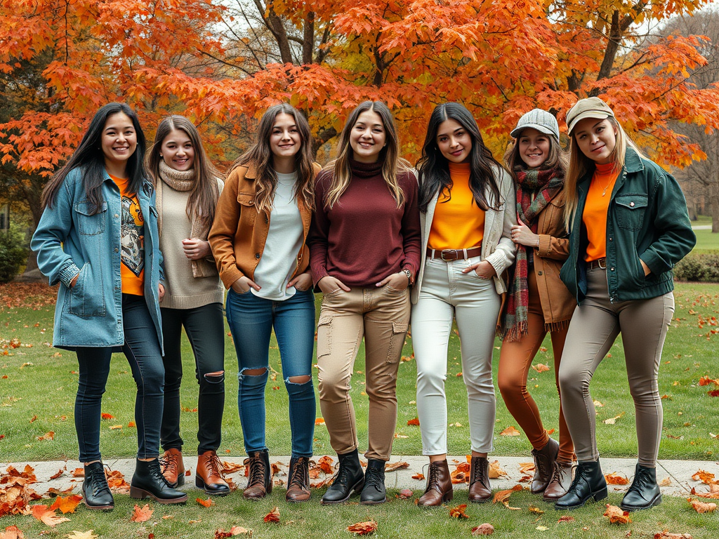 Un groupe de huit femmes posent devant des arbres aux feuilles orange, portant des vêtements d'automne.