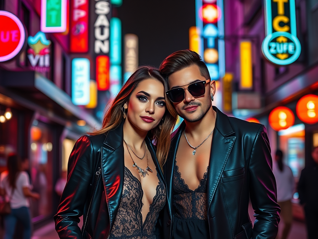 Un couple élégant pose dans une rue lumineuse, entouré de néons colorés et d'une ambiance nocturne vibrante.