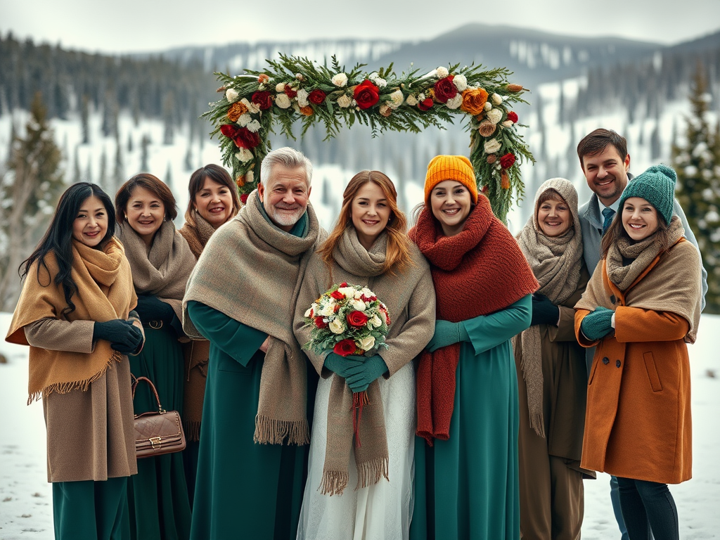 Un groupe d'amis et de membres de la famille posent ensemble devant un arc floral en hiver. Ils sourient et sont vêtus de châles.