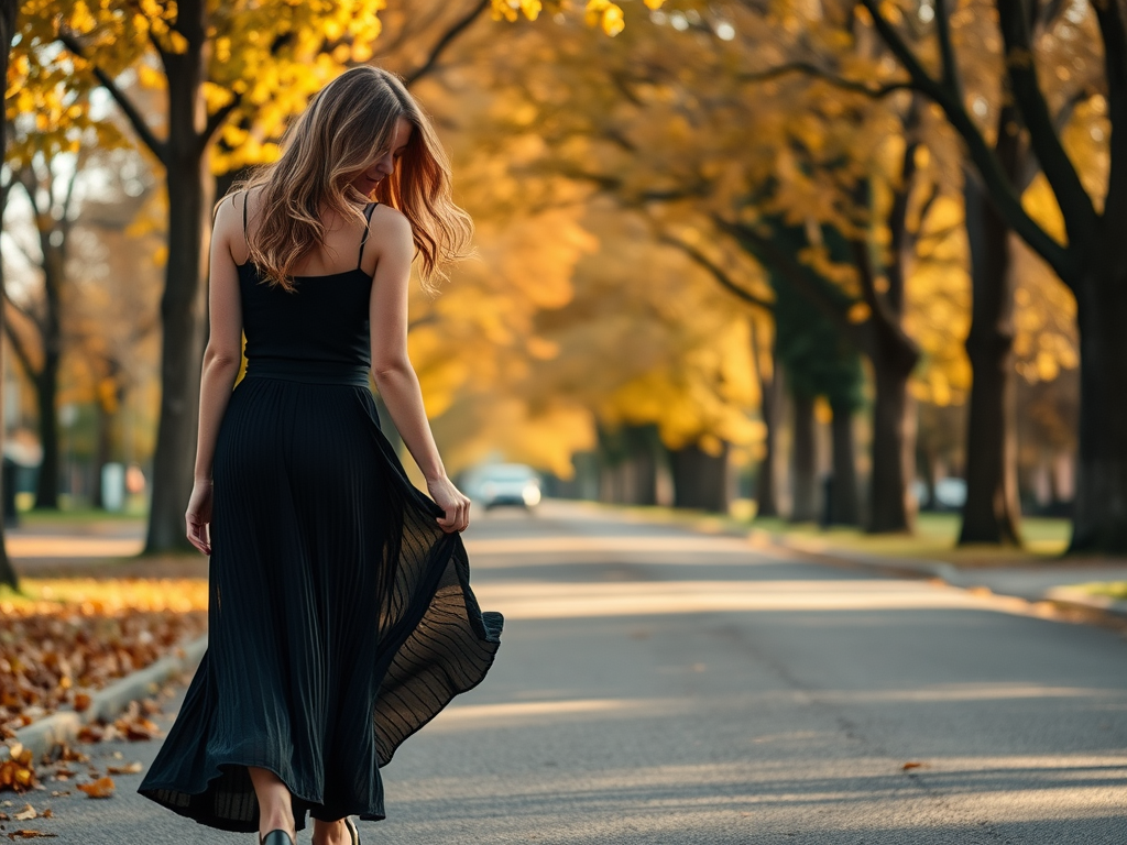 Une femme en robe noire marche sur une rue bordée d’arbres aux feuilles dorées en automne.