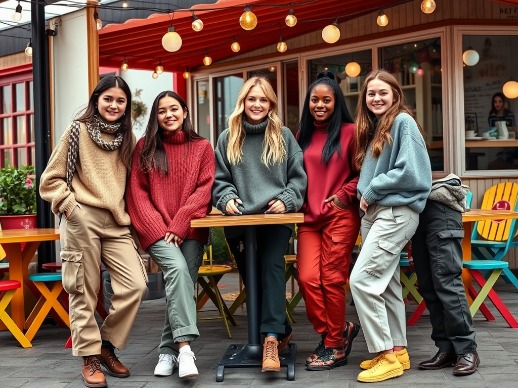 Cinq femmes souriantes, habillées de pulls colorés, posent autour d'une table dans un café animé.