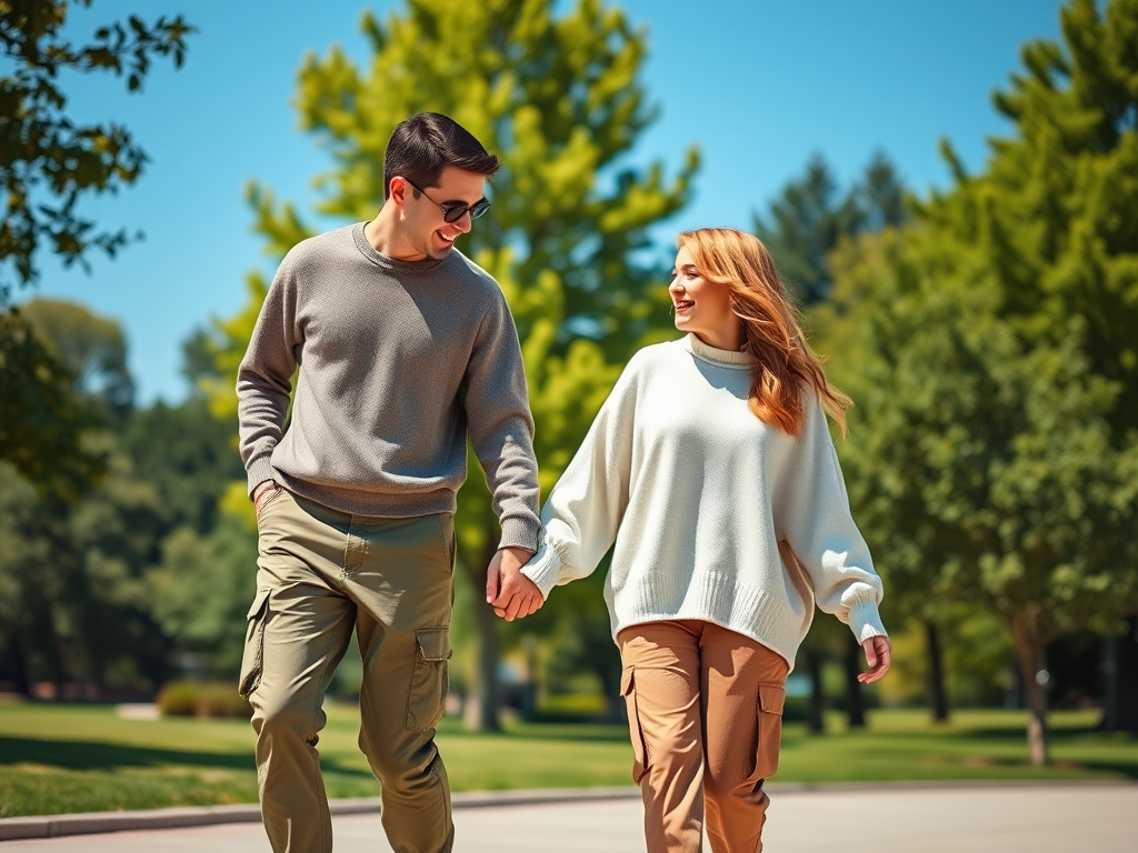 Un couple marche main dans la main dans un parc, souriant sous un ciel ensoleillé entouré d'arbres.