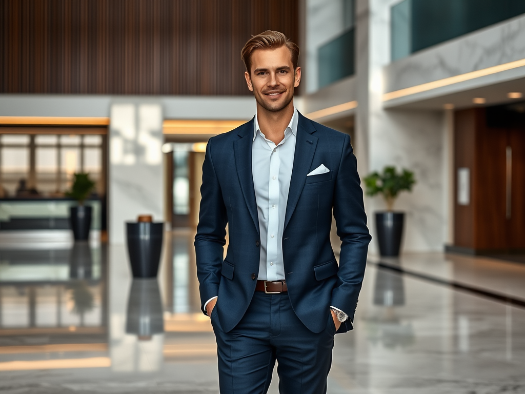 Un homme souriant en costume bleu se tient dans un hall moderne avec des murs en marbre et des plantes.