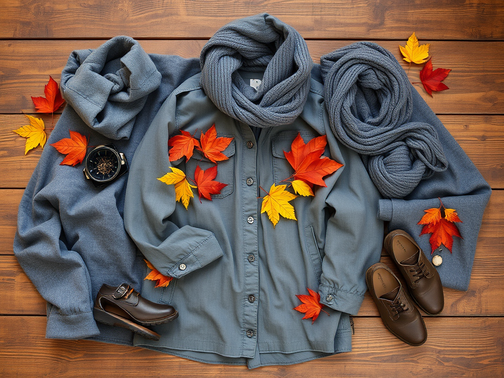 Vêtements d'automne avec écharpes et chaussures, agrémentés de feuilles colorées sur une table en bois.