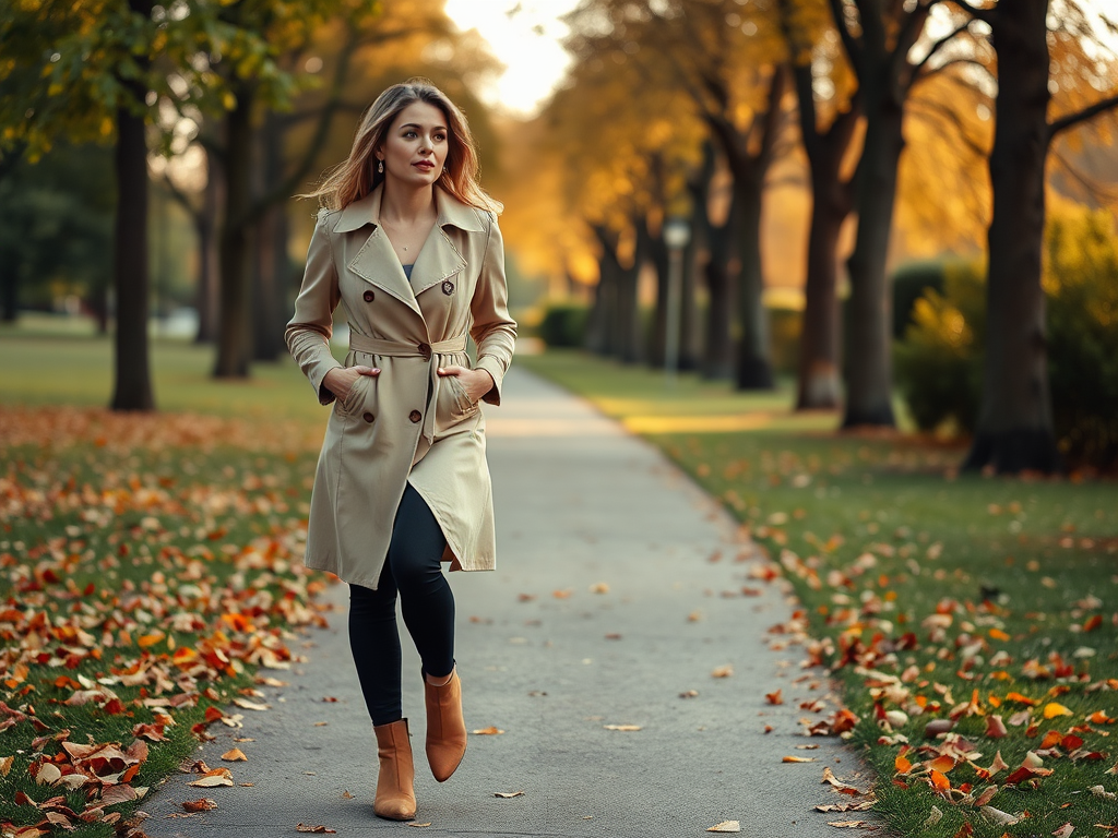 Une femme marche sur un chemin bordé d'arbres, entourée de feuilles d'automne colorées.