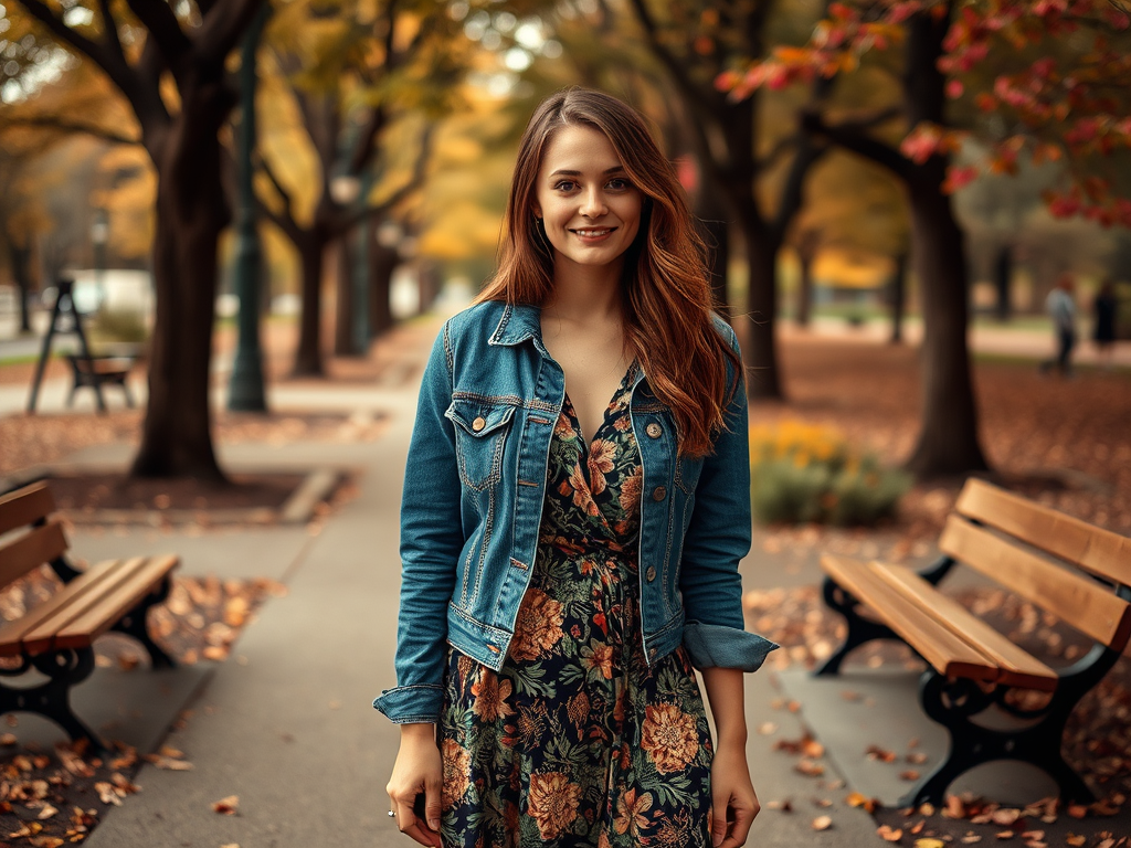 Une jeune femme souriante porte une robe à fleurs et une veste en jean, entourée d'arbres aux feuilles dorées.