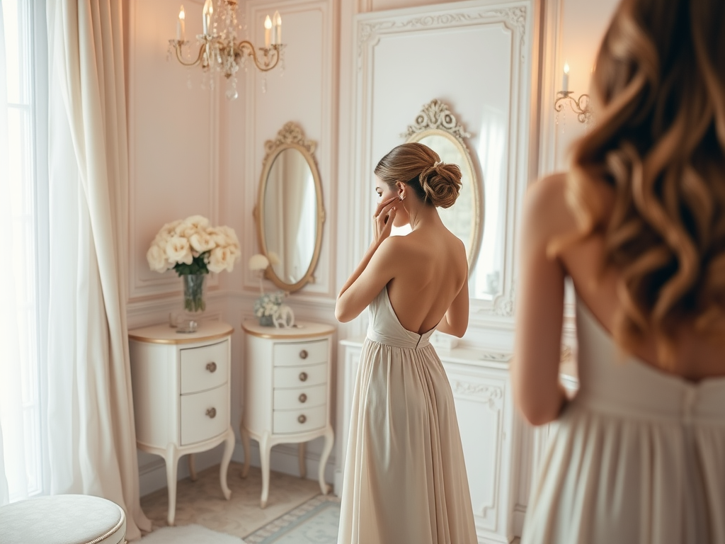 Une femme élégante en robe décolletée se prépare devant un miroir dans une pièce lumineuse et raffinée.