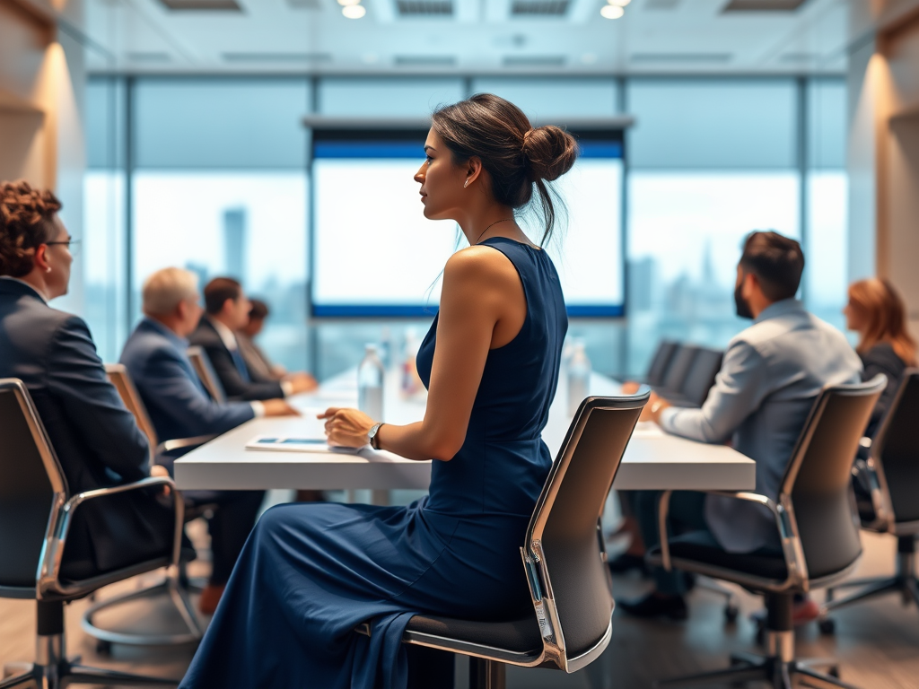Une femme en robe bleue assise lors d'une réunion, face à des participants dans un environnement de bureau moderne.
